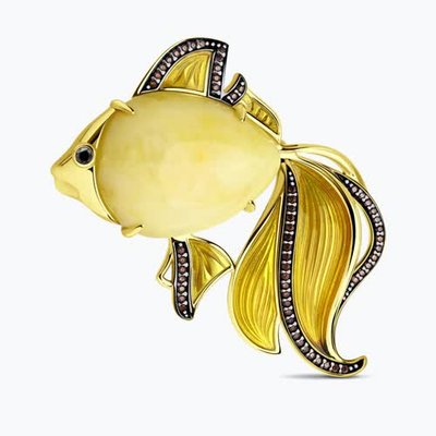 Брошь из золочёного серебра с янтарём и фианитами, 925