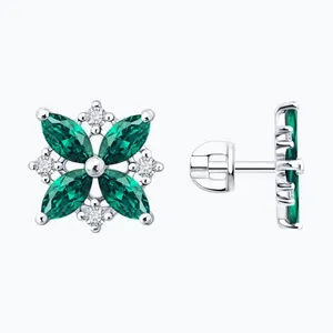 Серьги из серебра с изумрудами и фианитами