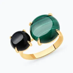 Кольцо из золочёного серебра с агатом и малахитом