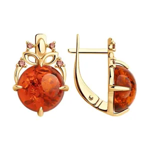 Серьги из золочёного серебра с янтарём и фианитами