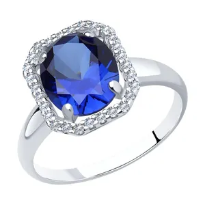 Кольцо из серебра с корундом сапфировым (синт.) и фианитами