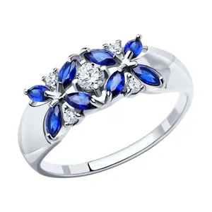 Кольцо из серебра с корундами сапфировыми (синт.) и фианитами
