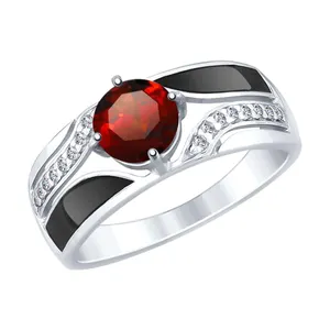 Кольцо из серебра с эмалью и гранатом и фианитами