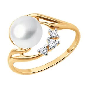 Кольцо из золочёного серебра с жемчугом и фианитами