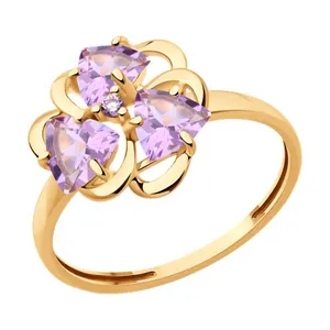 Кольцо из золочёного серебра с аметистами и фианитом