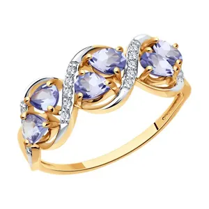 Кольцо из золочёного серебра с танзанитами и фианитами
