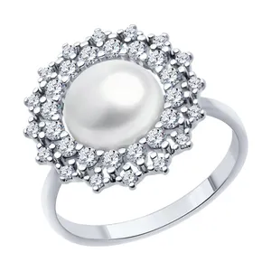 Кольцо из серебра с жемчугом и фианитами