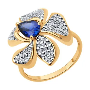 Кольцо из золочёного серебра с корундом и фианитами