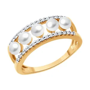 Кольцо из золочёного серебра с жемчугом и фианитами