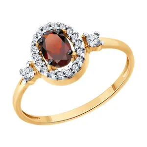 Кольцо из золочёного серебра с гранатом и фианитами