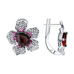 Серьги из серебра с гранатом, корундами и фианитами