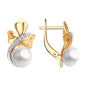 Серьги из золочёного серебра с жемчугом и фианитами