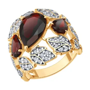 Кольцо из золочёного серебра с гранатами и фианитами