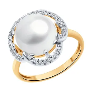 Кольцо из золочёного серебра с жемчугом и фианитами