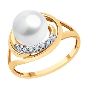 Кольцо из золочёного серебра с жемчугом и фианитами