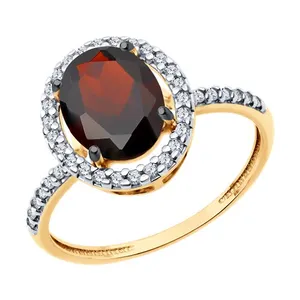 Кольцо из золочёного серебра с гранатом и фианитами