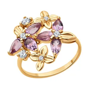 Кольцо из золочёного серебра с аметистами и фианитами