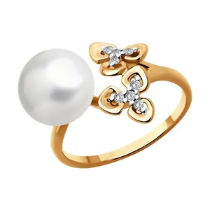 Кольцо из золочёного серебра с жемчугом и фианитами