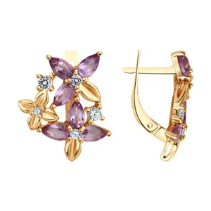 Серьги из золочёного серебра с аметистами и фианитами