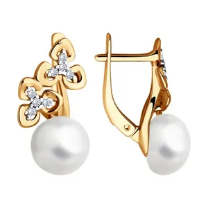Серьги из золочёного серебра с жемчугом и фианитами