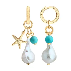 Серьги из золочёного серебра с жемчугом и бирюзой