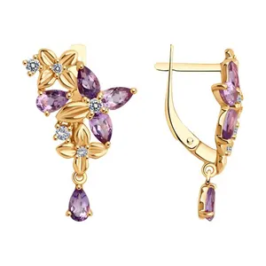 Серьги из золочёного серебра с аметистами и фианитами
