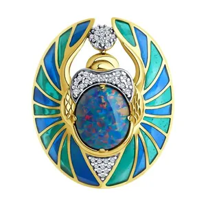 Брошь из золочёного серебра с опалом, фианитами и эмалью