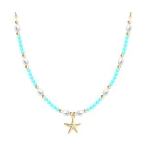 Колье из золочёного серебра с жемчугом и бирюзой