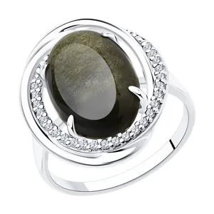 Кольцо из серебра с обсидианом и фианитами