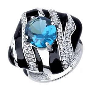 Кольцо из серебра с ситаллом, фианитами и эмалью