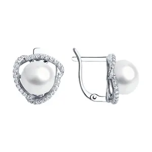 Серьги из серебра с жемчугом и фианитами