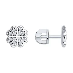 Серьги-пусеты клевер из серебра с фианитами