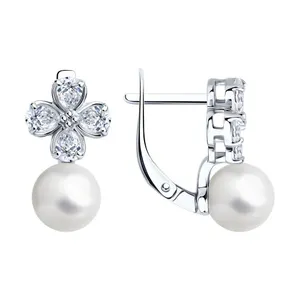 Серьги из серебра с синтетическим жемчугом и фианитами