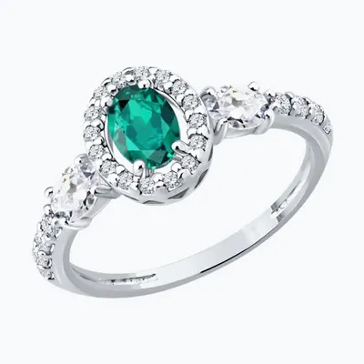 Кольцо из серебра с изумрудом и фианитами из родированное серебро