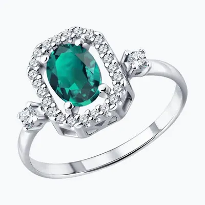 Кольцо из серебра с изумрудом и фианитами из родированное серебро