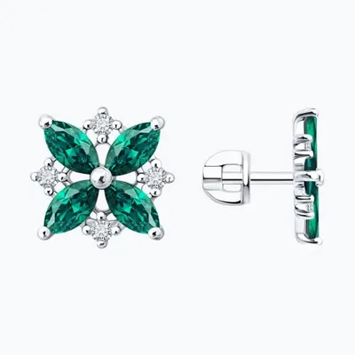 Серьги из серебра с изумрудами и фианитами из серебро