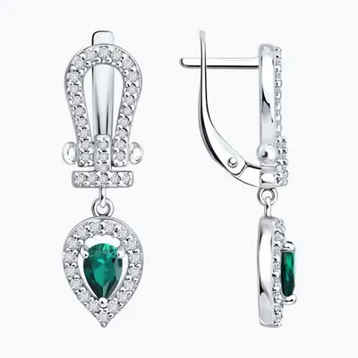 Серьги из серебра с изумрудами и фианитами из родированное серебро