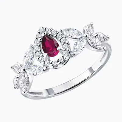 Кольцо из серебра с рубином и фианитами из родированное серебро