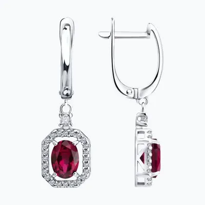 Серьги из серебра с рубинами и фианитами из родированное серебро