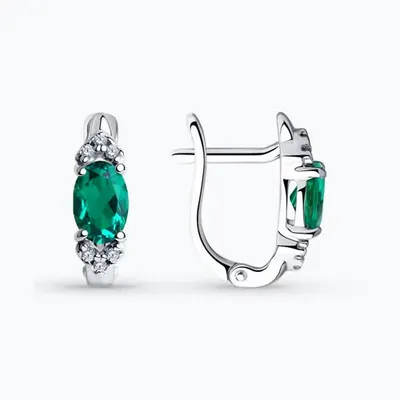 Серьги из серебра с гидротермальными изумрудами и фианитами из родированное серебро