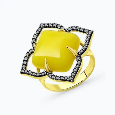 Кольцо из золочёного серебра с фианитами и янтарём из серебро