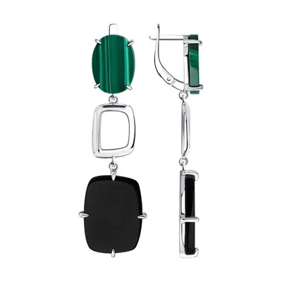 Серьги из серебра с агатами и малахитами из серебро