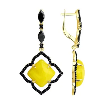 Серьги из золочёного серебра с фианитами и синтетическими янтарями из серебро