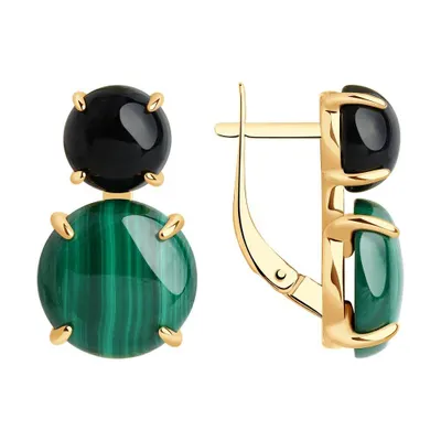 Серьги из золочёного серебра с агатами и малахитами из серебро