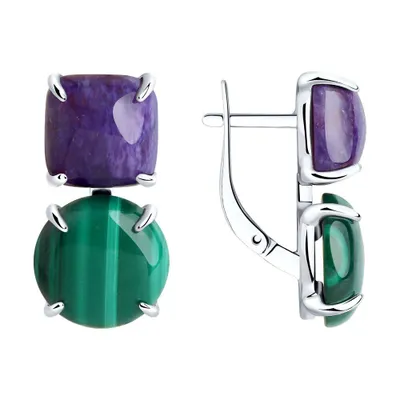 Серьги из серебра с Малахитои и Чароитом из серебро