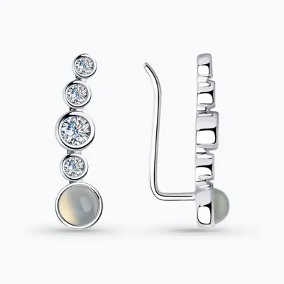 Серьги из серебра с лунными камнями и фианитами из родированное серебро