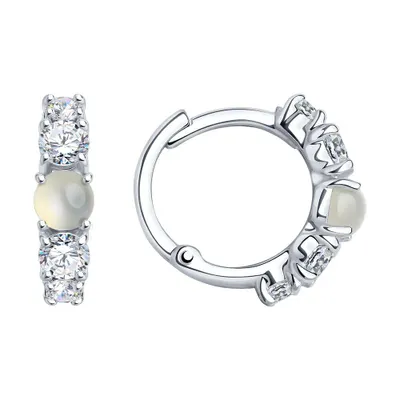 Серьги из серебра с луннными камнями и фианитами из серебро