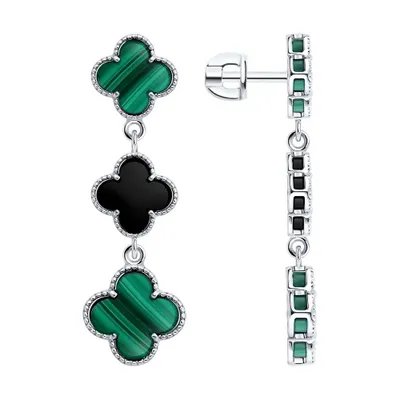 Серьги из серебра с малахитом и ониксом из серебро