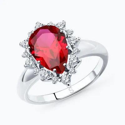 Кольцо из серебра с корундом рубиновым (синт.) и фианитами из серебро