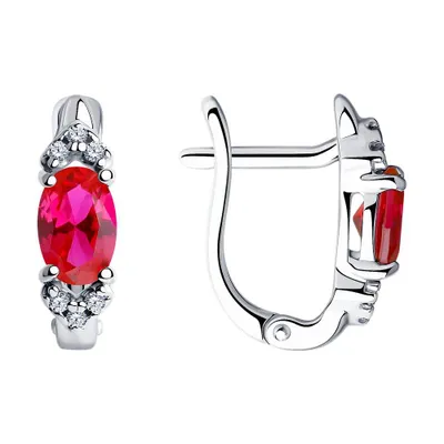 Серьги из серебра с корундами рубиновыми (синт.) и фианитами из серебро